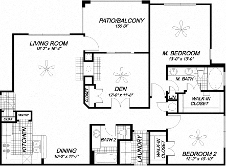Floor plan for 2 beds, 2 baths, 1367 sqft